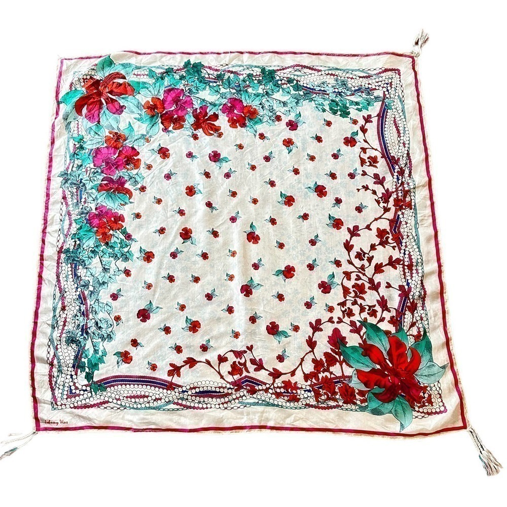 Johnny Was Large Silk Floral scarf shawl square Cover up oversized tassels pearl